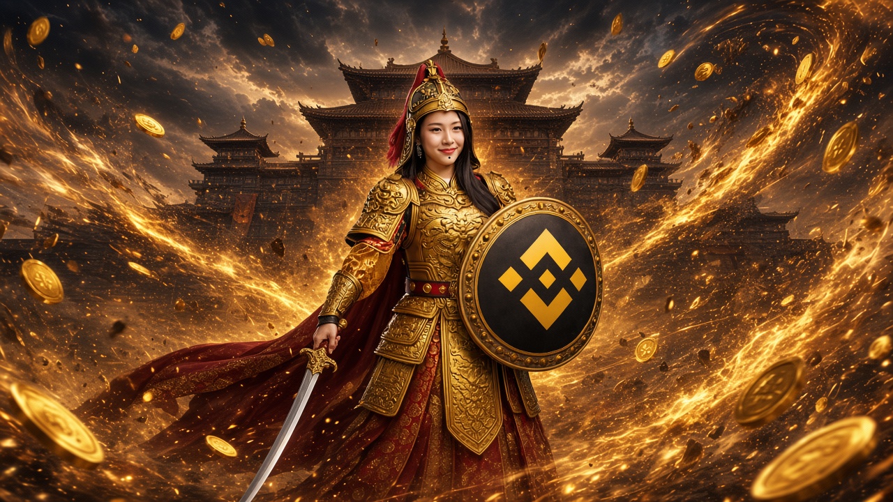 Yihe standing calm while a golden storm swirls around her
